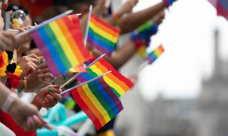 close up of LGBTQ pride flags at a parade